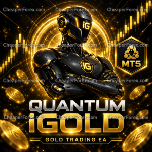 Quantum iGold MT5 black and gold robot artwork with CheaperForex.com watermarks