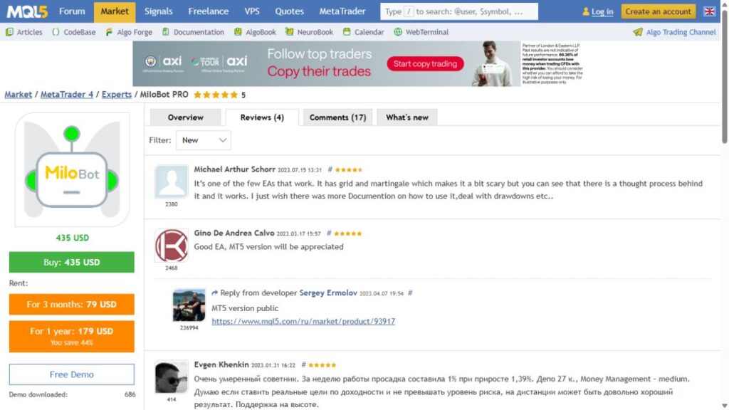 MiloBot MT4 customer feedback
