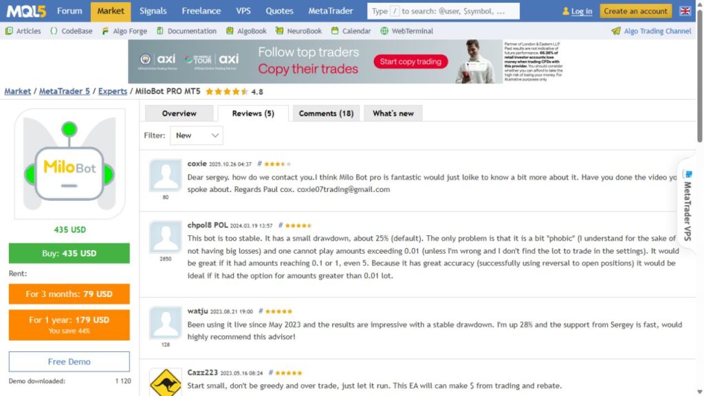 MiloBot MT5 customer feedback