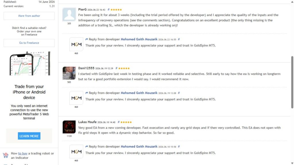 GoldSpire MQL5 customer reviews from June 2026