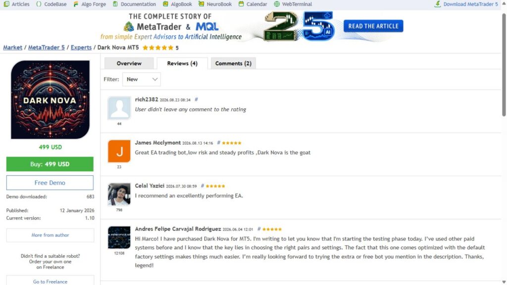 Dark Nova MT5 MQL5 customer reviews