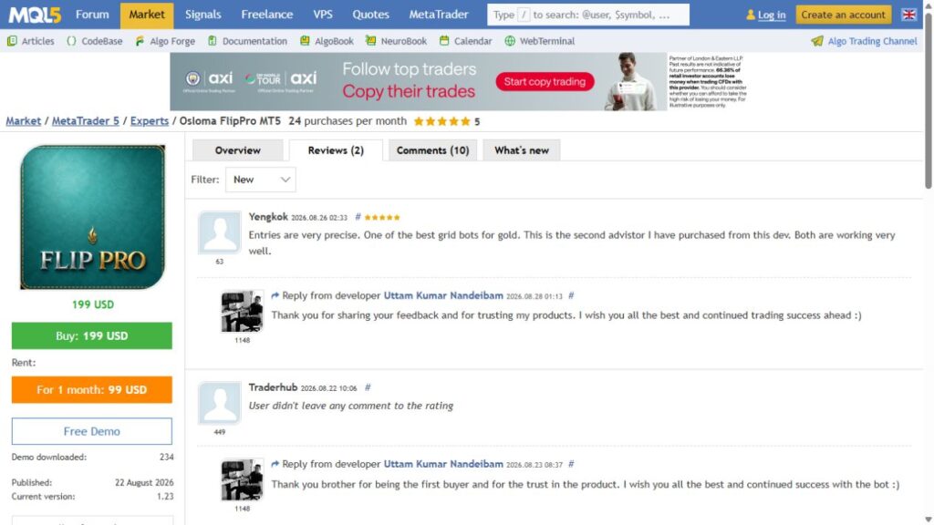 Original Osloma FlipPro MQL5 ratings and customer feedback