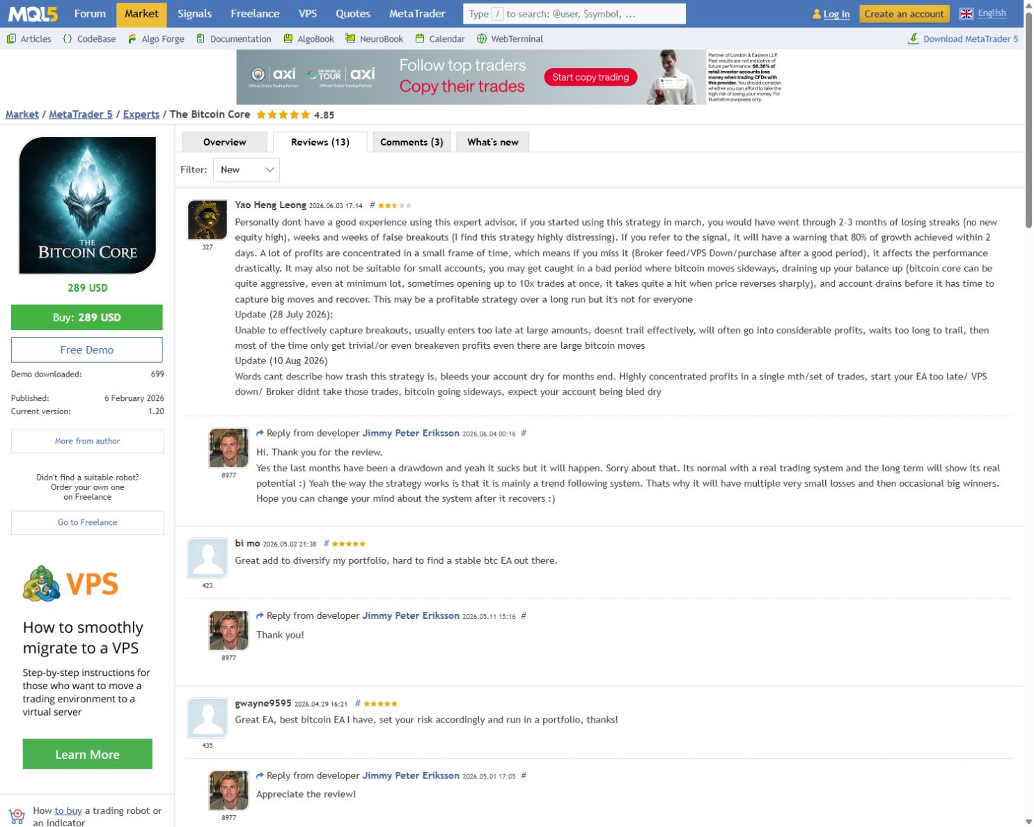 Original Bitcoin Core MQL5 customer reviews captured 13 September 2026