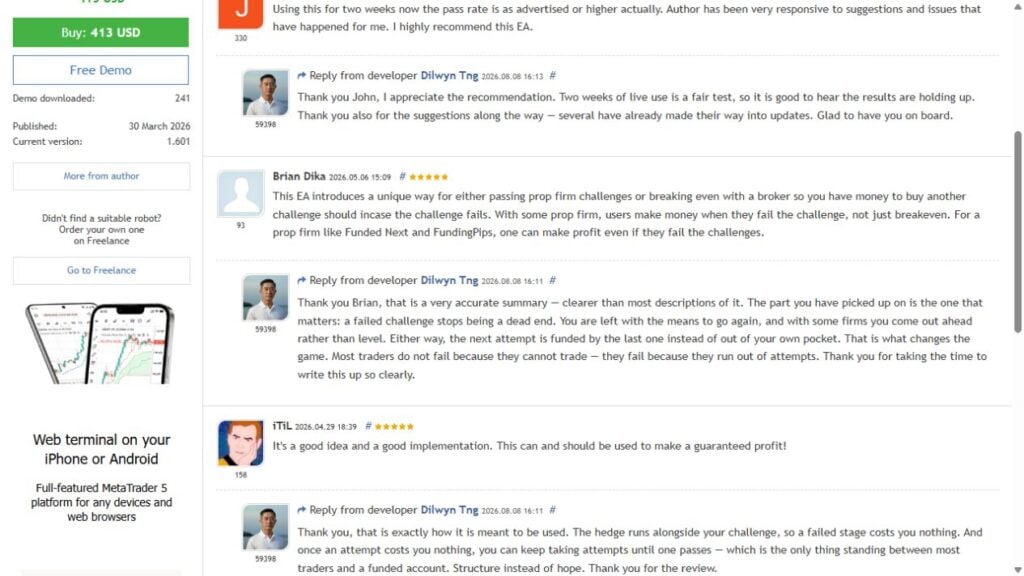 Genuine MQL5 reviews capture, 13 September 2026. Customer opinions and developer replies are not independently verified performance or CheaperForex purchase ratings.