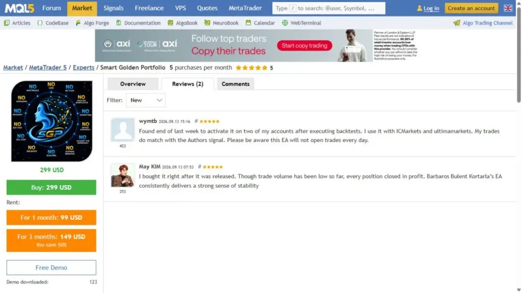 Original Smart Golden Portfolio MQL5 customer reviews captured 13 September 2026. Third-party opinions, not CheaperForex purchase ratings.