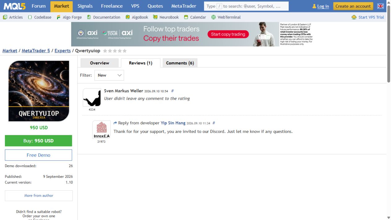 Qwertyuiop MQL5 review captured 13 September 2026. Rating without written performance feedback.