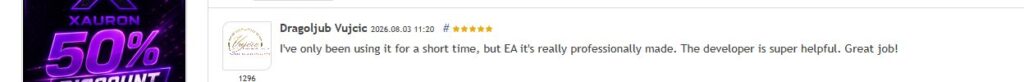 Xauron MQL5 customer review excerpt from August 2026