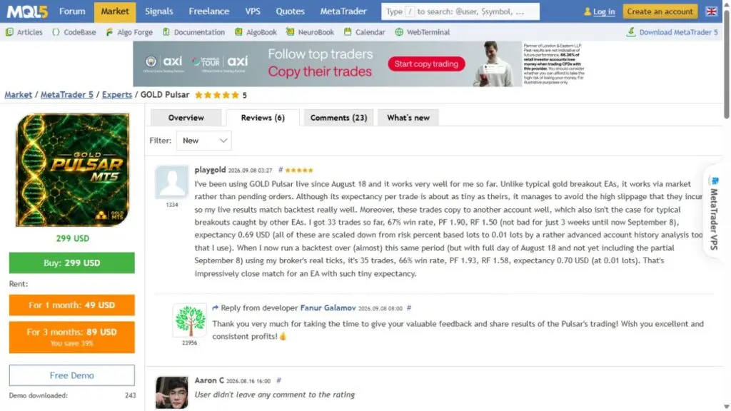 Genuine MQL5 buyer-feedback screenshot, captured 13 September 2026; customer opinion, not independent performance verification.