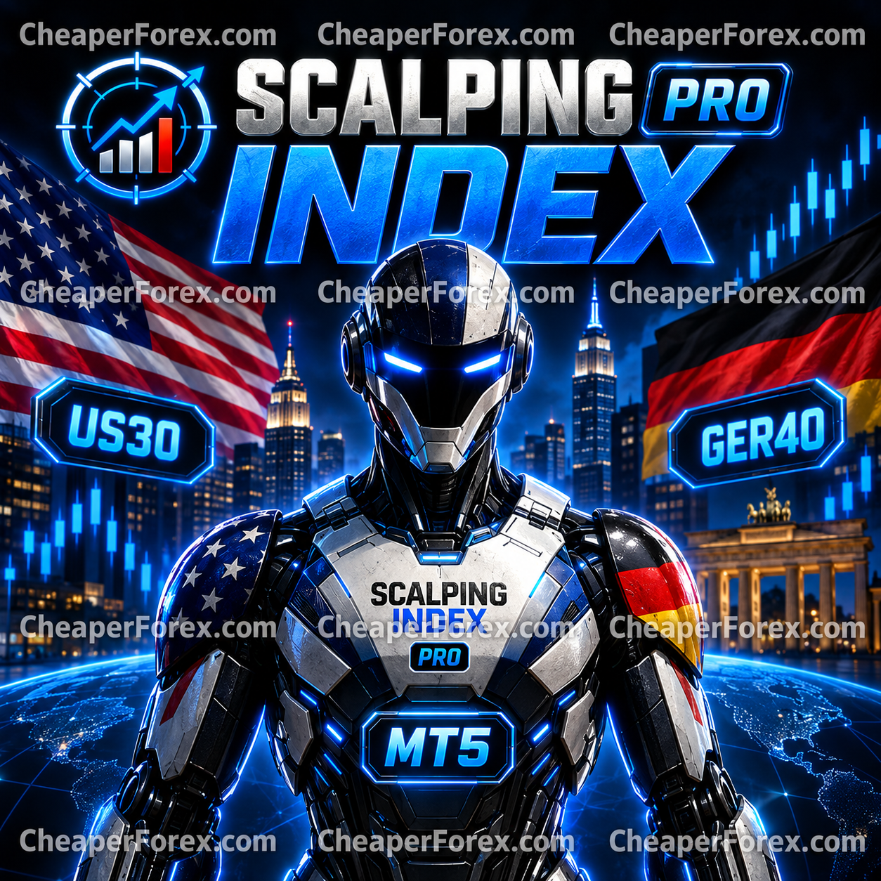 Scalping Index Pro MT5 cover with blue index trading robot and repeated CheaperForex.com watermarks
