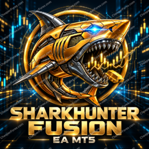 SharkHunter Fusion EA MT5 promotional artwork with repeated CheaperForex.com watermarks