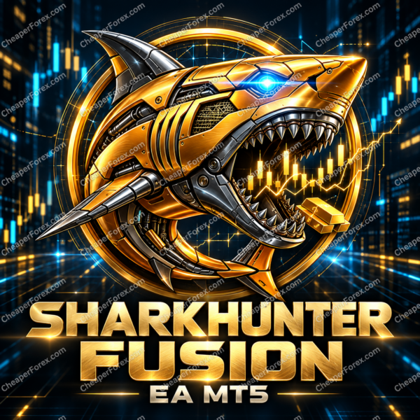 SharkHunter Fusion EA MT5 promotional artwork with repeated CheaperForex.com watermarks
