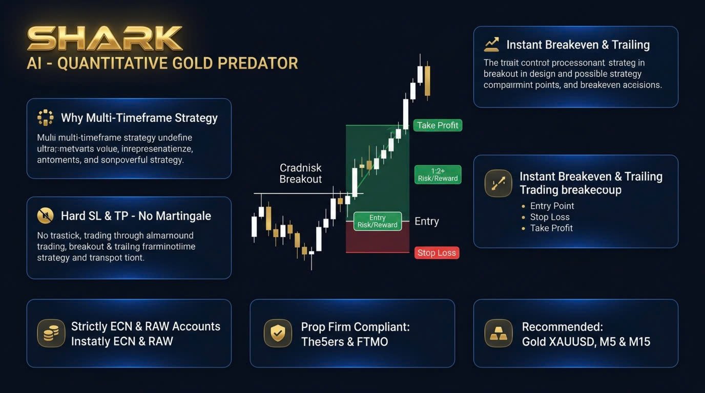 Developer illustration of SharkHunter entries, stop loss, take profit and multi-timeframe trading