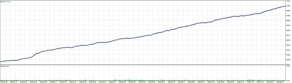 SharkHunter developer balance and equity curve with January to August 2026 date labels