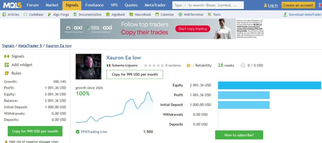 Xauron Ea low public MQL5 signal overview