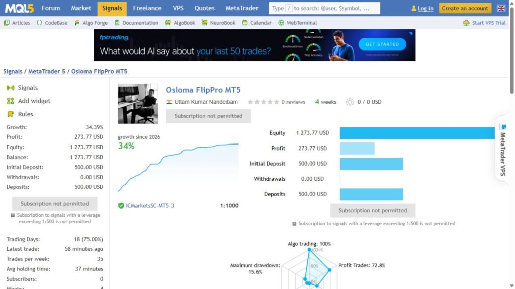 Osloma FlipPro MQL5 live-account overview with growth and deposits