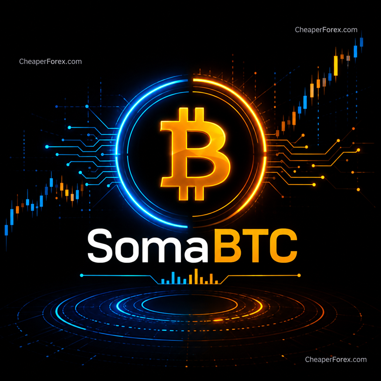 SomaBTC gold Bitcoin symbol with blue and gold ring