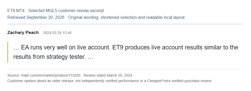 Selected Zachary Peach ET9 MT4 customer review dated March 29, 2024