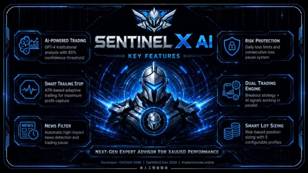 Developer Sentinel X feature panel describing its breakout and AI engines, trailing and news filters