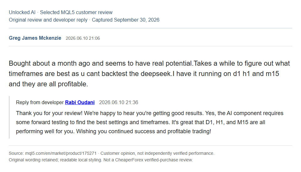 Selected MQL5 review by Greg James Mckenzie and developer reply dated June 10, 2026