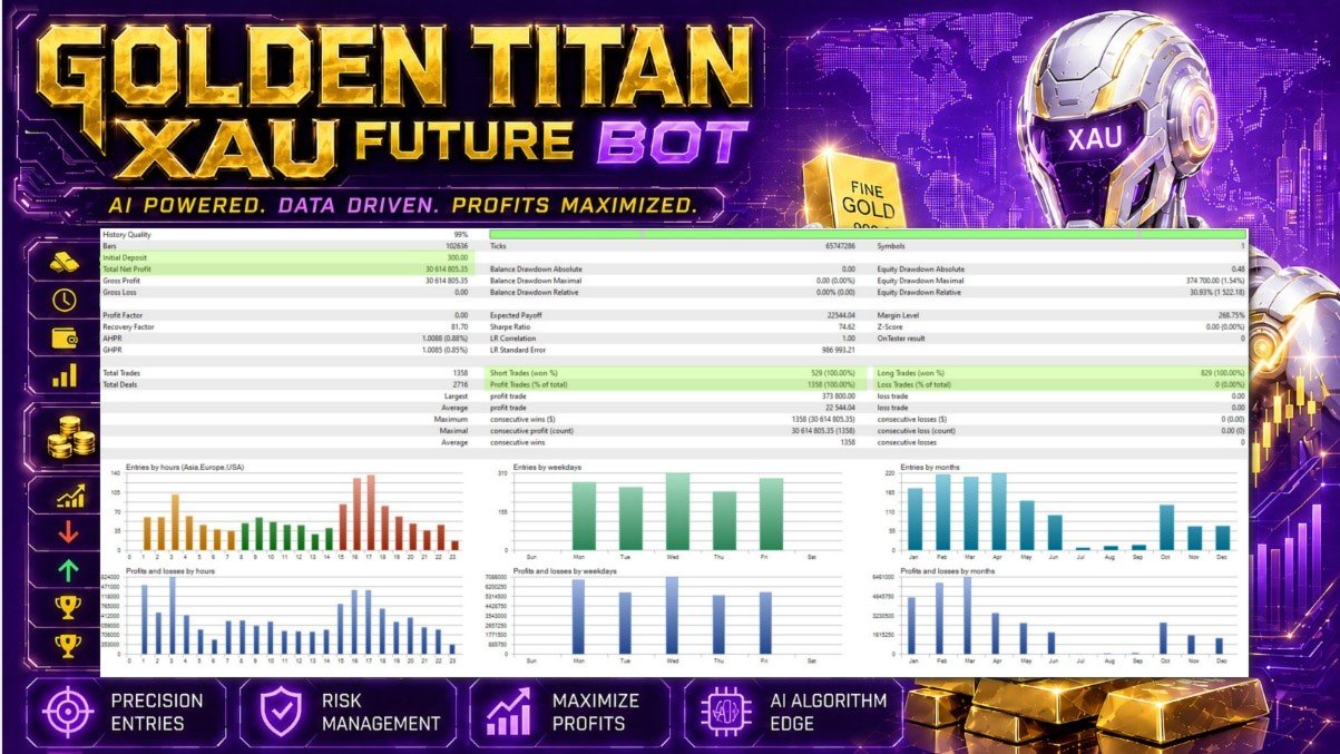 Golden Titan XAU tester report showing 1358 winning closes and 30.93 percent relative equity drawdown