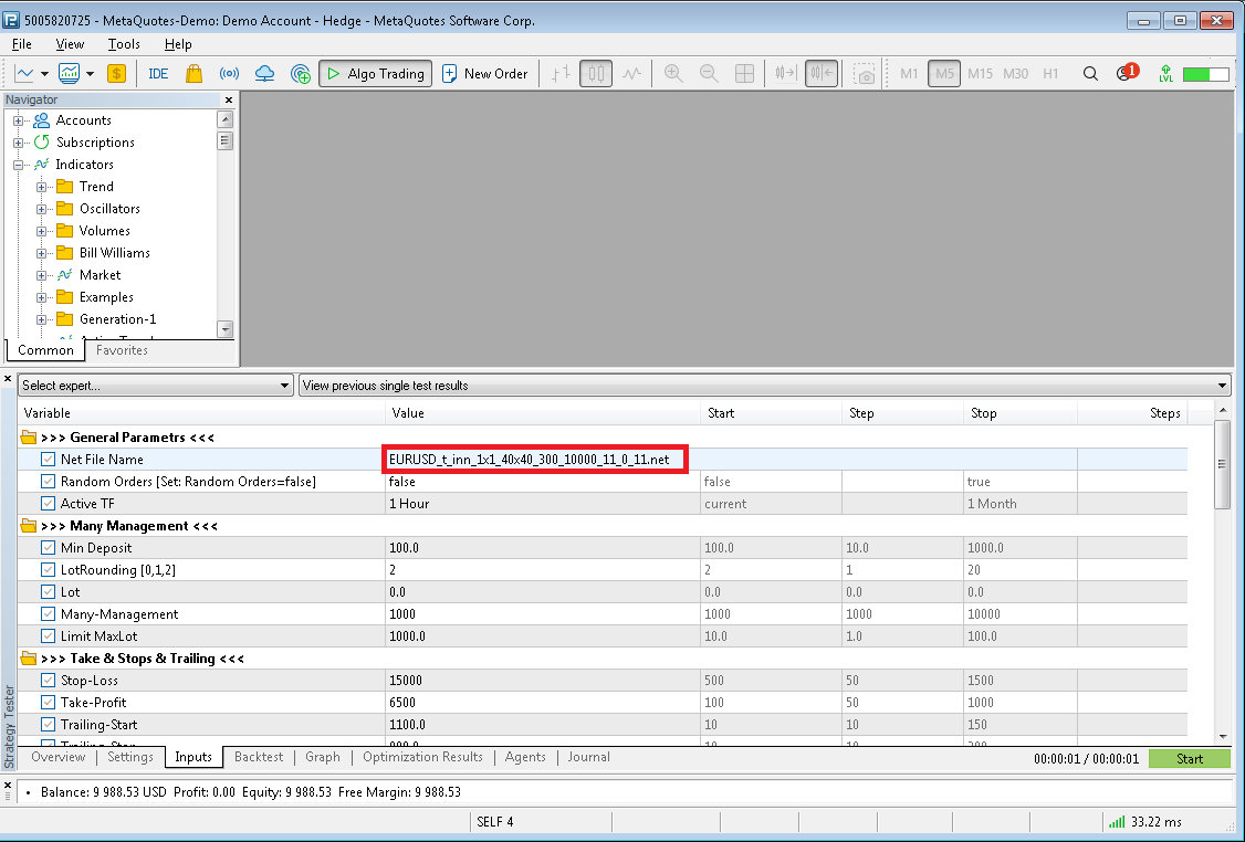 Intel Neuron Bot developer guide showing model filename and Random Orders set to false