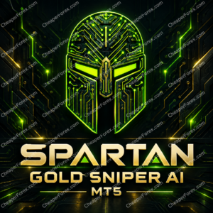 Spartan Gold Sniper AI MT5 promotional artwork with repeated CheaperForex.com watermarks