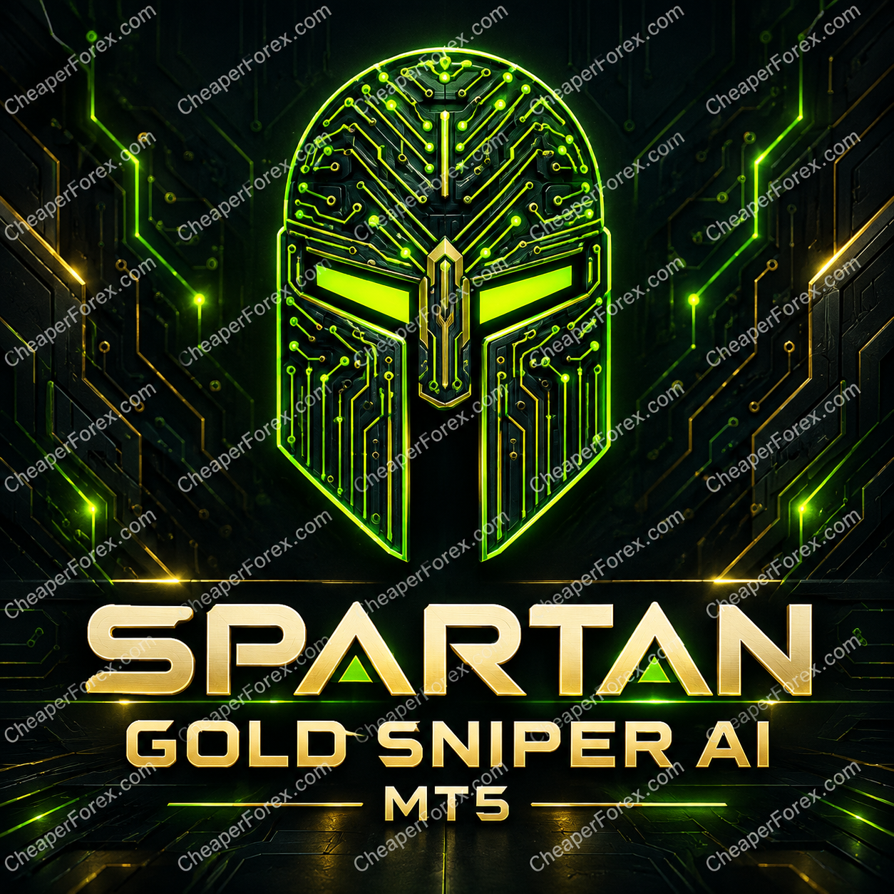Spartan Gold Sniper AI MT5 promotional artwork with repeated CheaperForex.com watermarks