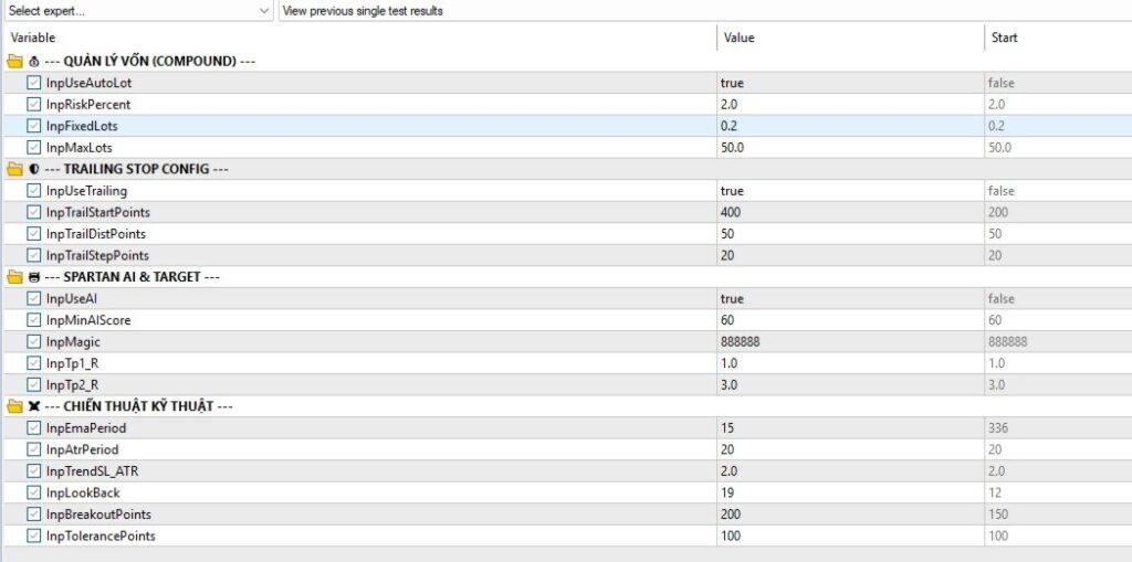 Spartan developer input screenshot showing automatic lot sizing, trailing, AI and technical settings in the tester
