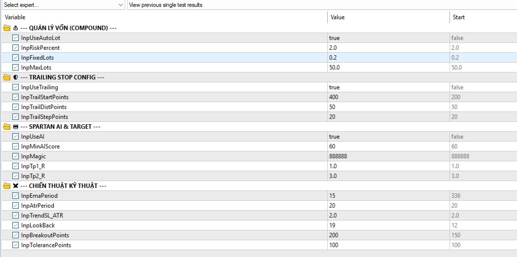 Spartan developer input screenshot showing automatic lot sizing, trailing, AI and technical settings in the tester