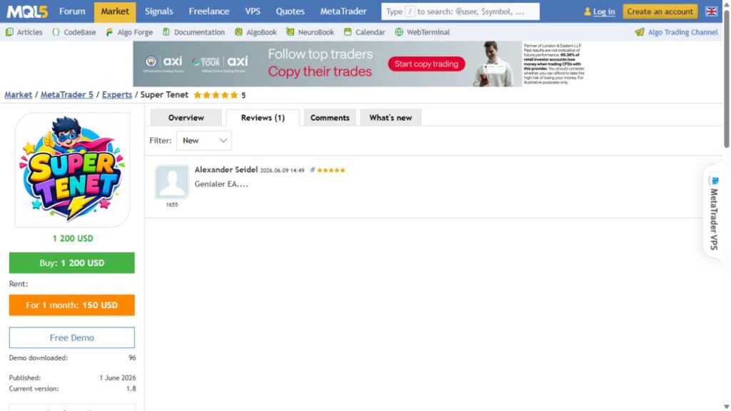 Super Tenet MT5 MQL5 customer review