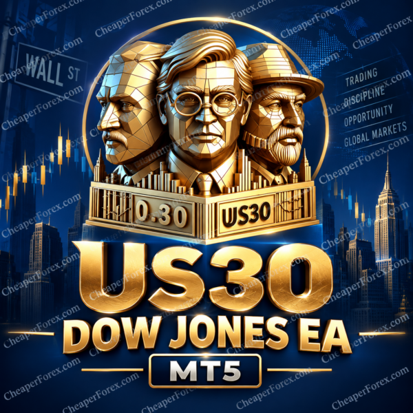 US30 Dow Jones EA MT5 promotional artwork with CheaperForex.com watermarks