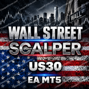 Wall Street Scalper EA MT5 US30 cover with American flag and CheaperForex.com watermarks