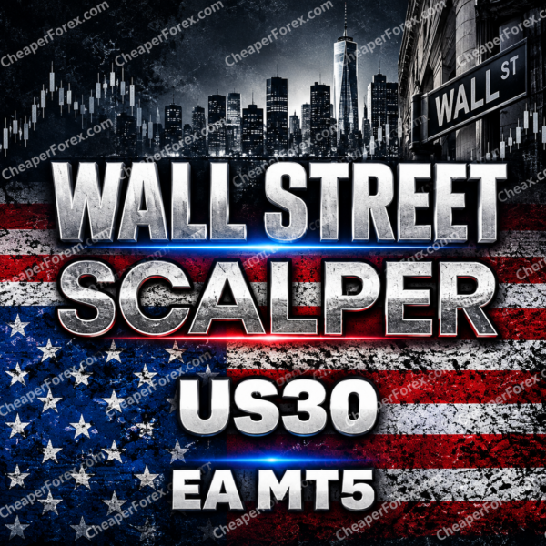 Wall Street Scalper EA MT5 US30 cover with American flag and CheaperForex.com watermarks