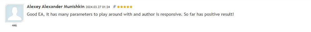 Dated MQL5 customer review praising configurable parameters and author responsiveness