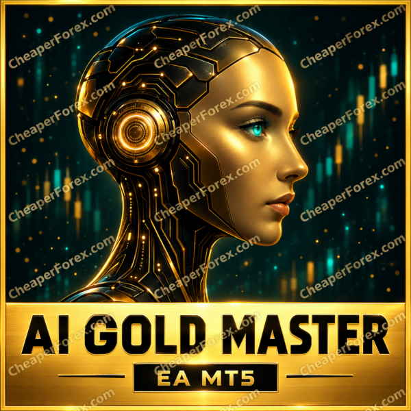 AI Gold Master EA MT5 promotional cover with a gold female android profile, teal eye and repeated CheaperForex.com watermarks