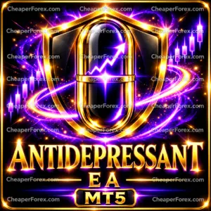 Antidepressant EA MT5 gold-and-purple capsule and shield cover with a rising arrow, orbital ring and repeated CheaperForex.com watermarks