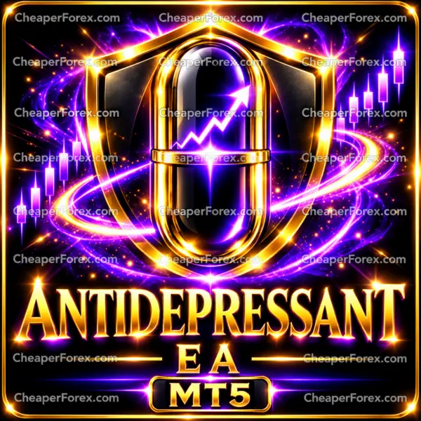 Antidepressant EA MT5 gold-and-purple capsule and shield cover with a rising arrow, orbital ring and repeated CheaperForex.com watermarks