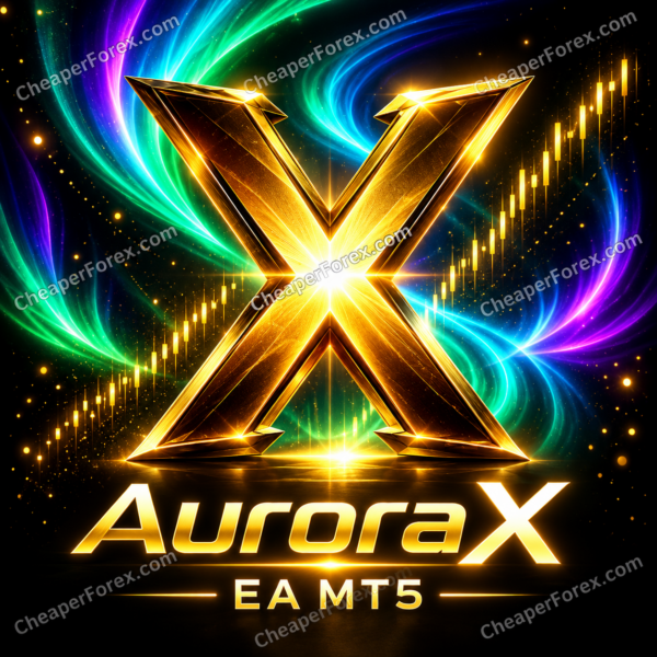 AuroraX EA MT5 gold X and aurora promotional cover with CheaperForex.com watermarks