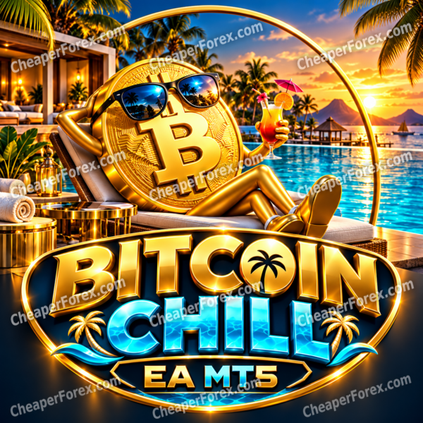 Bitcoin Chill EA MT5 promotional cover with a gold Bitcoin character relaxing beside a tropical pool and repeated CheaperForex.com watermarks