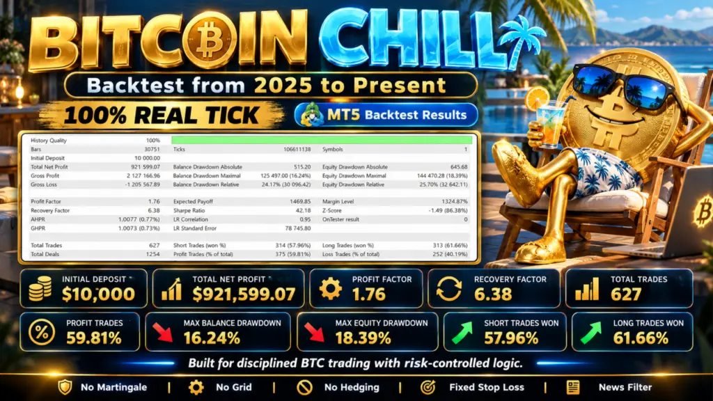 Original Bitcoin Chill developer backtest graphic showing 627 simulated trades, profit factor 1.76, maximal equity drawdown 18.39 percent and relative equity drawdown 25.70 percent