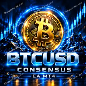 BTCUSD Consensus EA MT4 promotional cover with a gold Bitcoin coin, electric blue ring and repeated CheaperForex.com watermarks