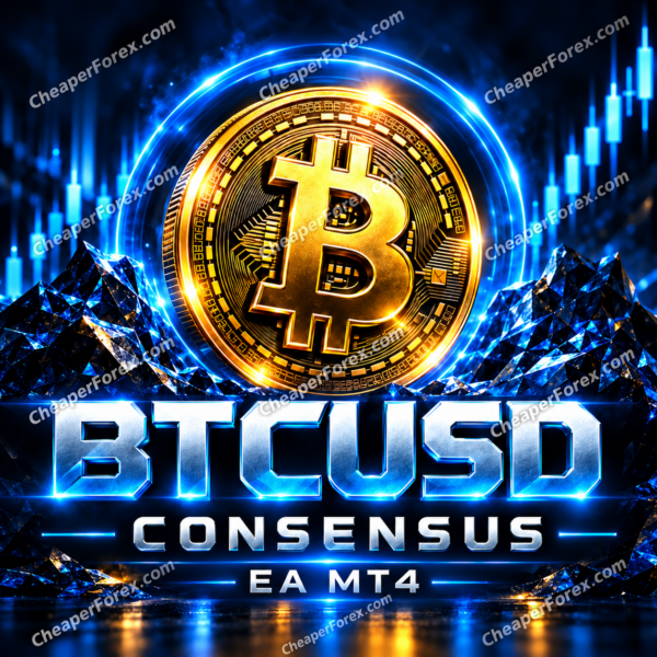 BTCUSD Consensus EA MT4 promotional cover with a gold Bitcoin coin, electric blue ring and repeated CheaperForex.com watermarks