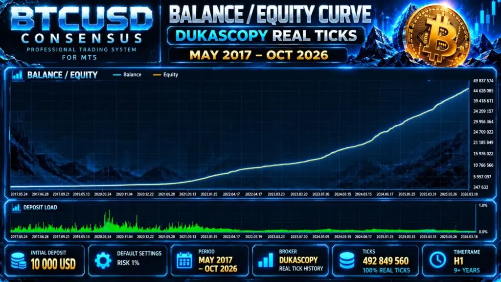 Original developer promotional graphic of the May 2017–October 2026 Dukascopy Bitcoin balance and equity tester curves