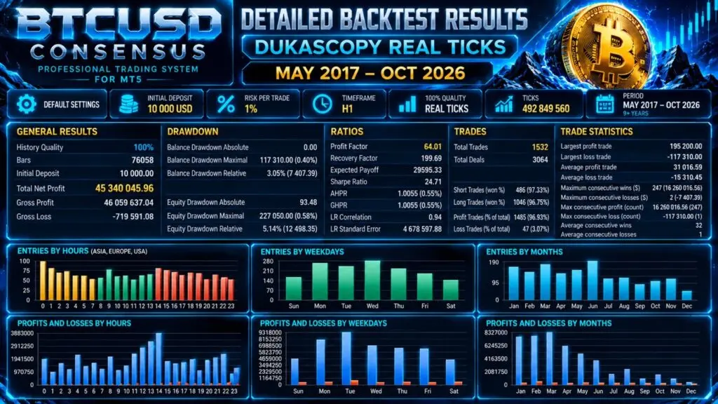 Original developer promotional backtest statistics showing 1,532 trades, 96.93 percent winning trades, profit factor 64.01 and 5.14 percent relative equity drawdown