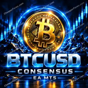 BTCUSD Consensus EA MT5 electric blue and gold Bitcoin promotional cover with repeated CheaperForex.com watermarks