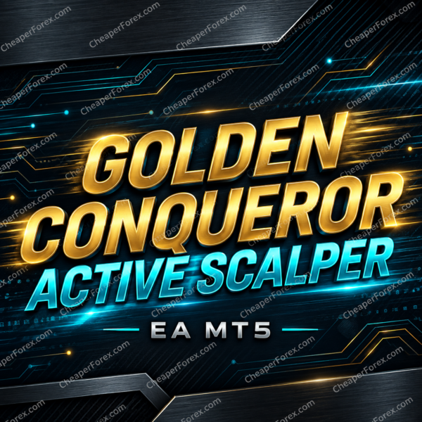 Golden Conqueror EA MT5 promotional cover with repeated CheaperForex.com watermarks