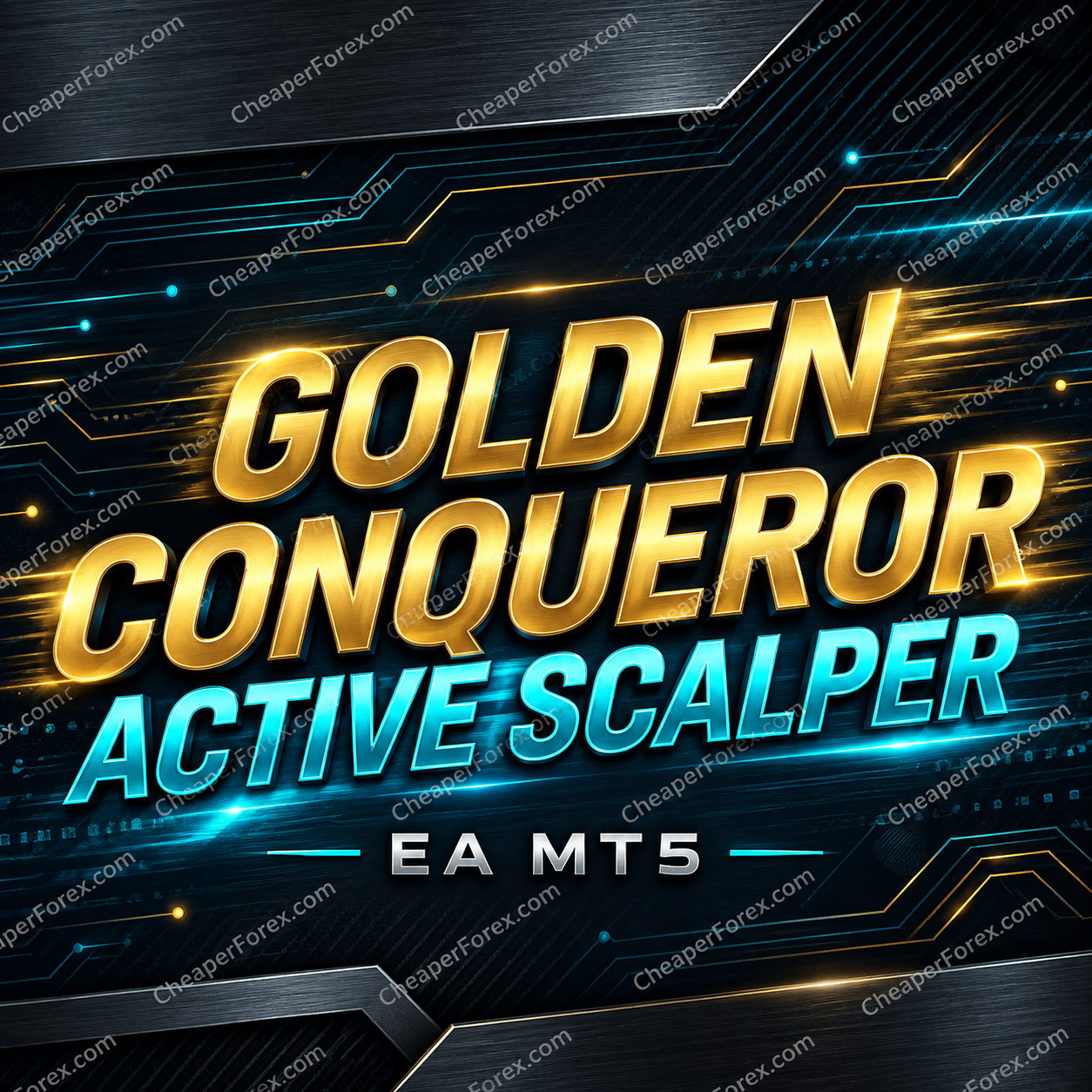 Golden Conqueror EA MT5 promotional cover with CheaperForex.com watermarks