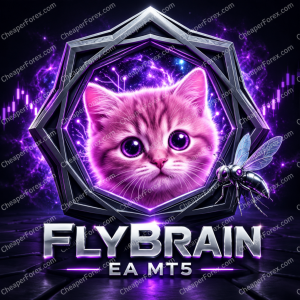 FlyBrain EA MT5 promotional cover with a purple kitten, faceted silver shield and repeated CheaperForex.com watermarks