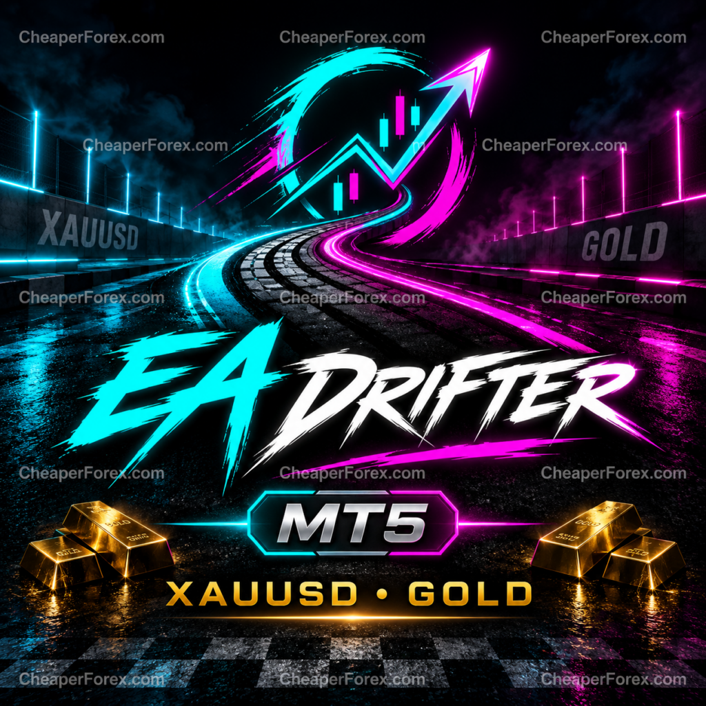 Drifter EA MT5 neon racetrack and gold promotional artwork with repeated CheaperForex.com watermarks