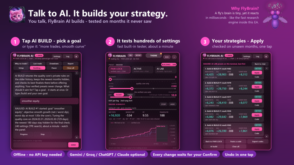 FlyBrain developer illustration showing AI BUILD goals, setting trials and candidate results
